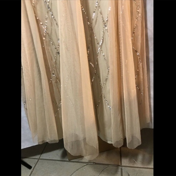 $328 Adrianna‎ Papell Cap Sleeve Beaded Mesh Gown Champagne [Petite 2P ]